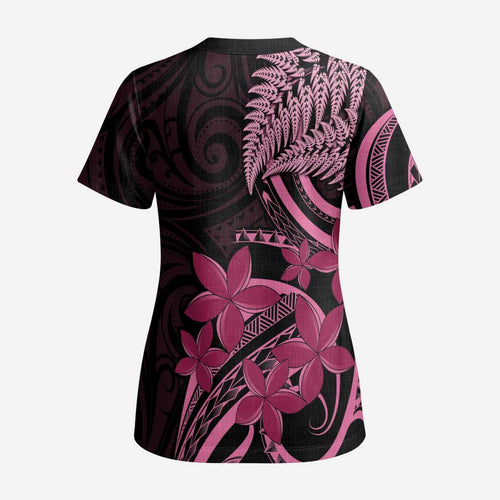 Aotearoa Maori Scrub Top Pink Fern Ribbons on Black - Aussie Hoodie