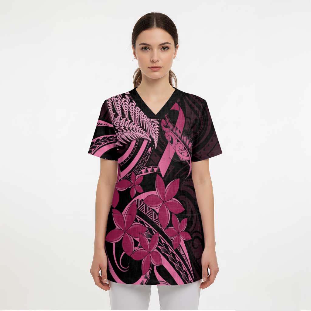 Aotearoa Maori Scrub Top Pink Fern Ribbons on Black - Aussie Hoodie