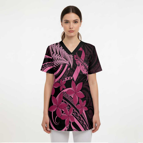 Aotearoa Maori Scrub Top Pink Fern Ribbons on Black - Aussie Hoodie