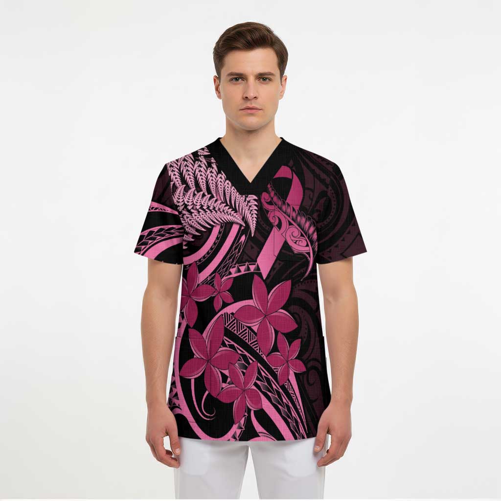 Aotearoa Maori Scrub Top Pink Fern Ribbons on Black - Aussie Hoodie