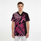 Aotearoa Maori Scrub Top Pink Fern Ribbons on Black - Aussie Hoodie