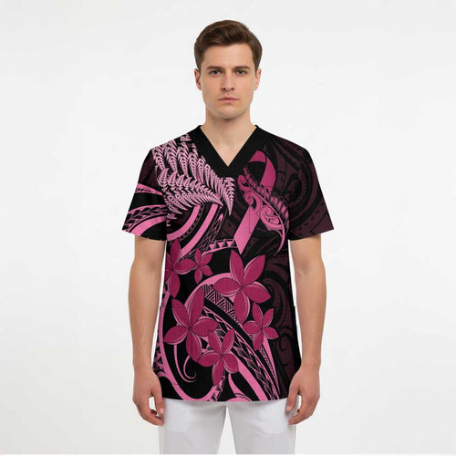 Aotearoa Maori Scrub Top Pink Fern Ribbons on Black - Aussie Hoodie