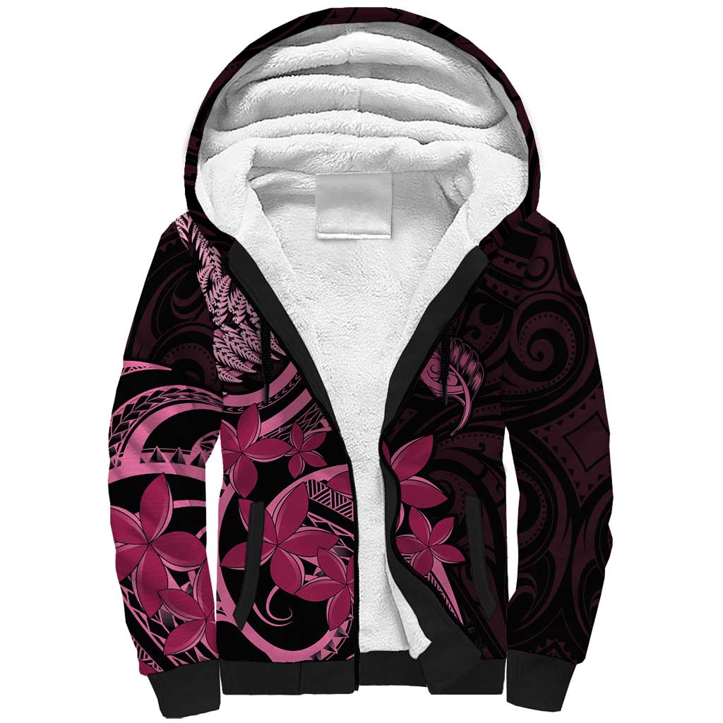 Aotearoa Maori Sherpa Hoodie Pink Fern Ribbons on Black - Aussie Hoodie