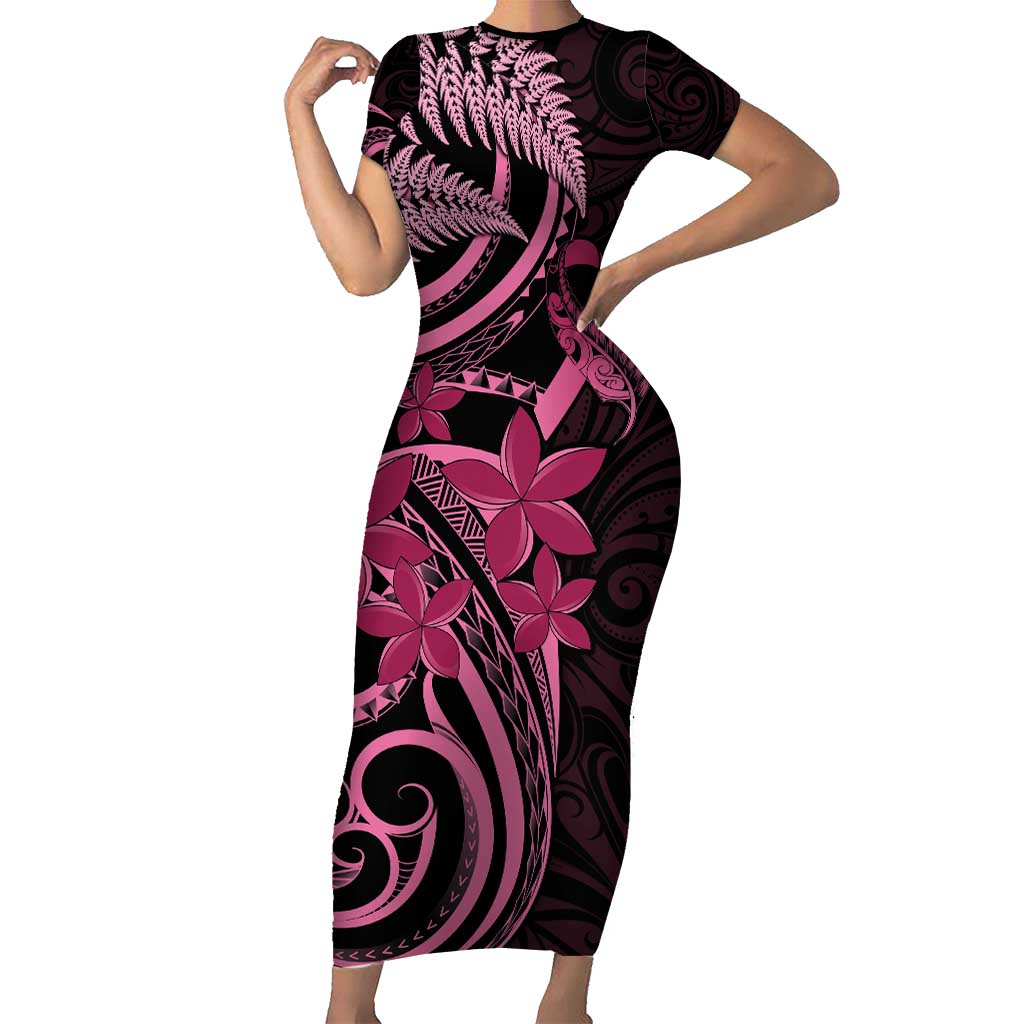 Aotearoa Maori Short Sleeve Bodycon Dress Pink Fern Ribbons on Black - Aussie Hoodie