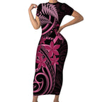 Aotearoa Maori Short Sleeve Bodycon Dress Pink Fern Ribbons on Black - Aussie Hoodie