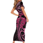 Aotearoa Maori Short Sleeve Bodycon Dress Pink Fern Ribbons on Black - Aussie Hoodie