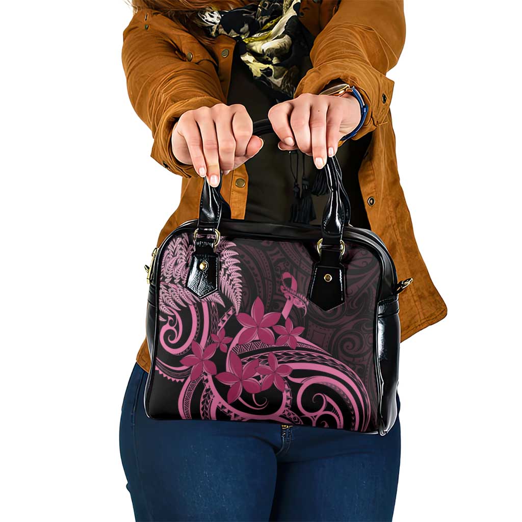 Aotearoa Maori Shoulder Handbag Pink Fern Ribbons on Black - Aussie Hoodie