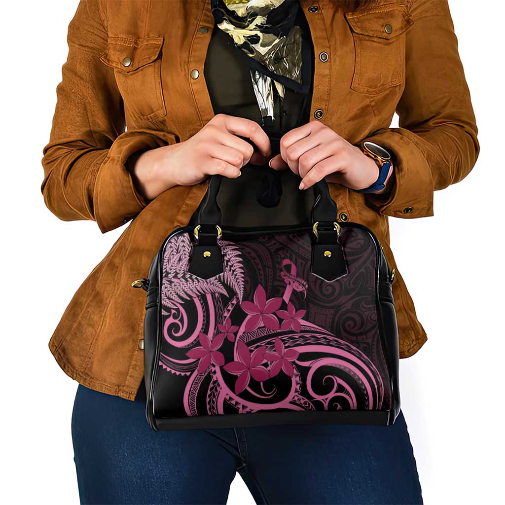 Aotearoa Maori Shoulder Handbag Pink Fern Ribbons on Black - Aussie Hoodie