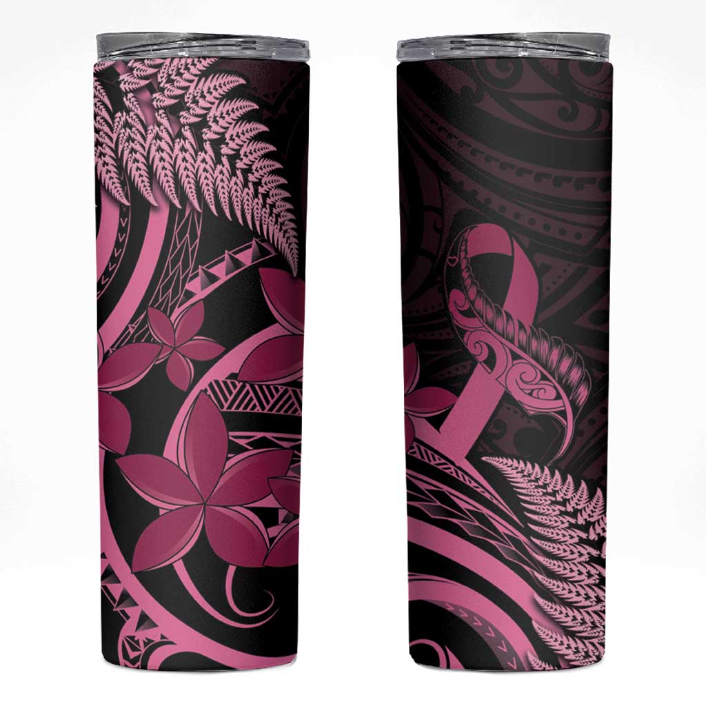 Aotearoa Maori Skinny Tumbler Pink Fern Ribbons on Black - Aussie Hoodie