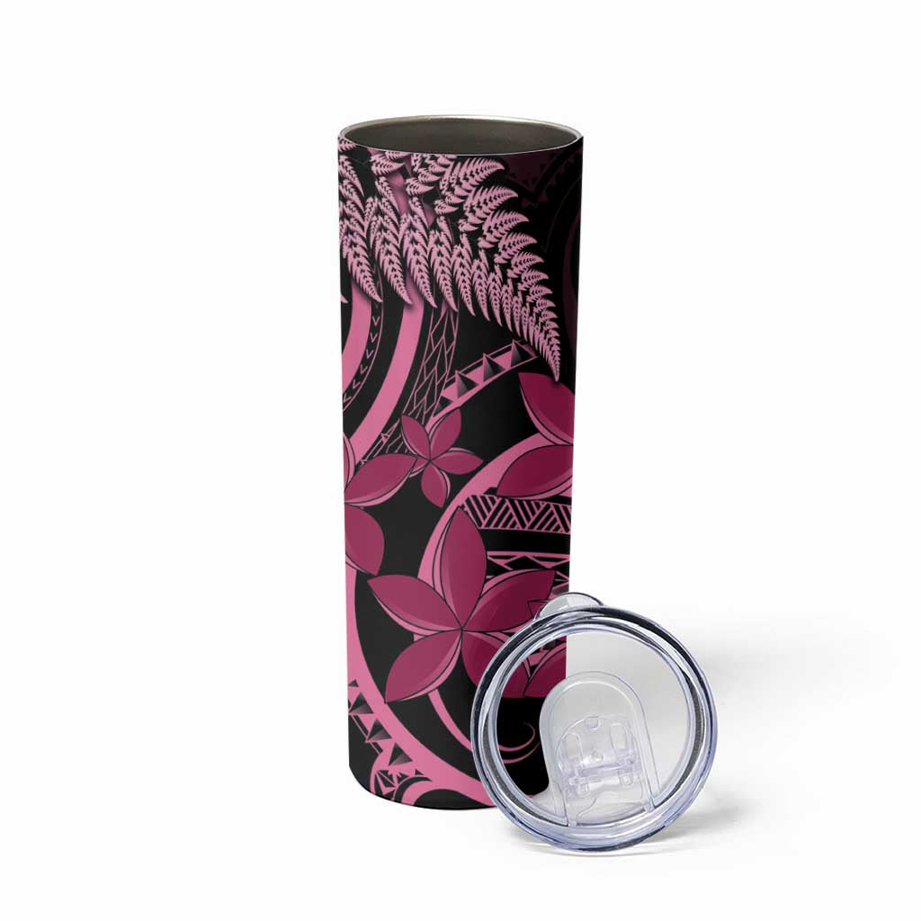 Aotearoa Maori Skinny Tumbler Pink Fern Ribbons on Black - Aussie Hoodie