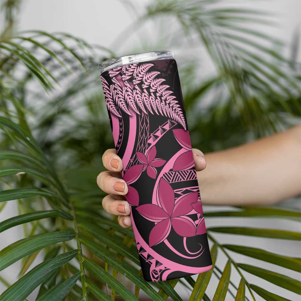 Aotearoa Maori Skinny Tumbler Pink Fern Ribbons on Black - Aussie Hoodie