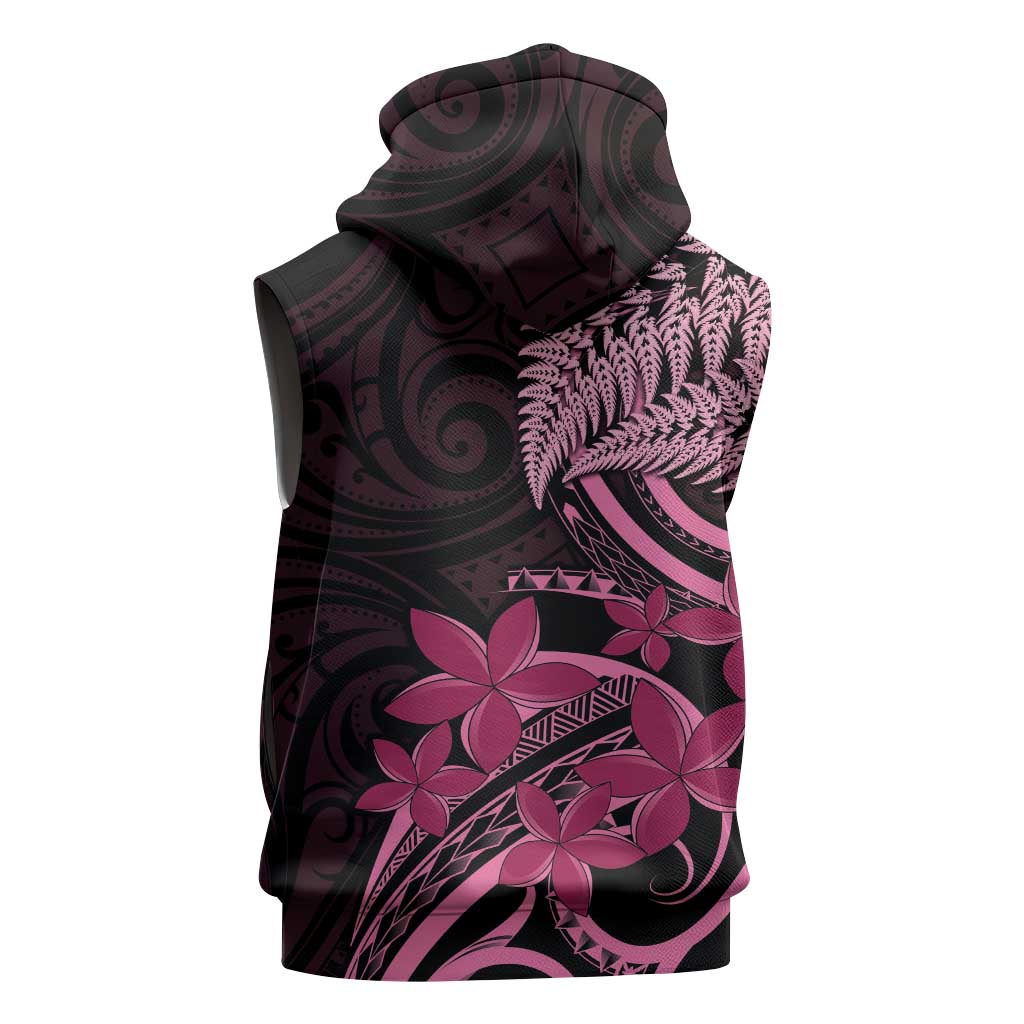 Aotearoa Maori Sleeveless Hoodie Pink Fern Ribbons on Black - Aussie Hoodie