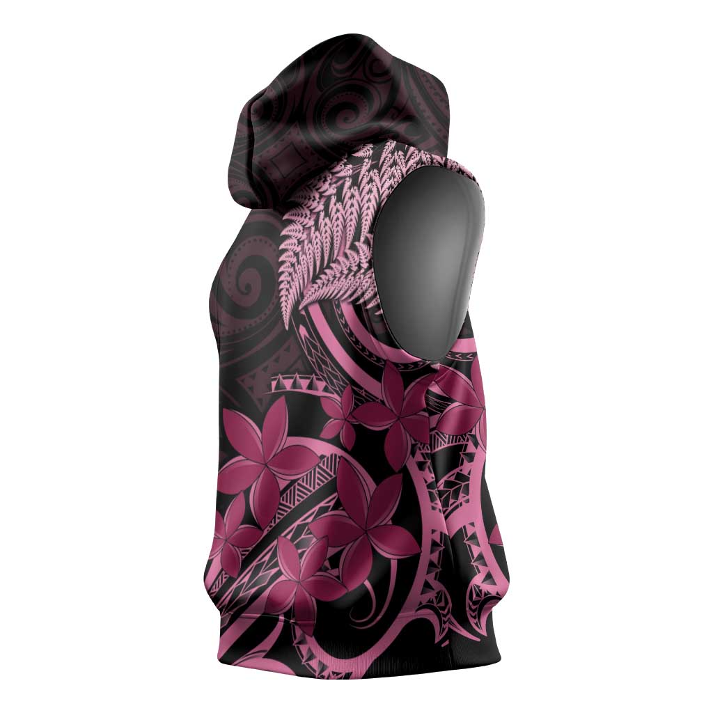 Aotearoa Maori Sleeveless Hoodie Pink Fern Ribbons on Black - Aussie Hoodie