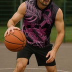 Aotearoa Maori Sleeveless Hoodie Pink Fern Ribbons on Black - Aussie Hoodie