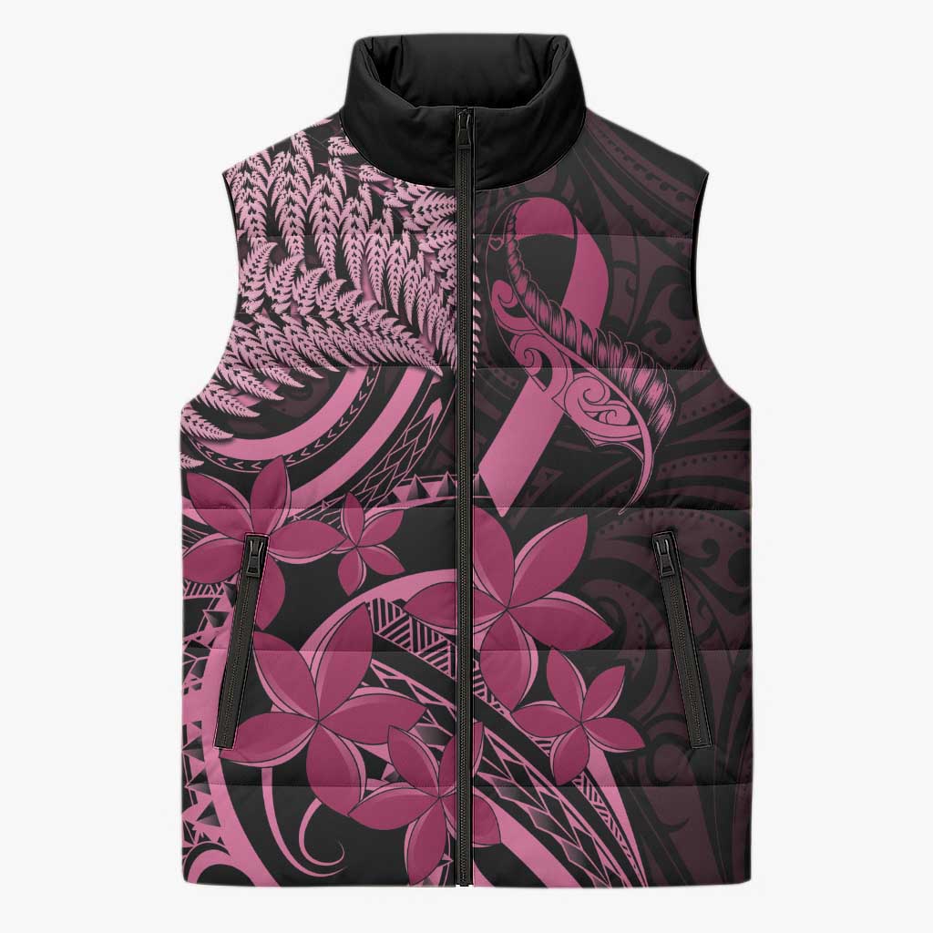 Aotearoa Maori Sleeveless Puffer Jacket Pink Fern Ribbons on Black - Aussie Hoodie