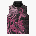 Aotearoa Maori Sleeveless Puffer Jacket Pink Fern Ribbons on Black - Aussie Hoodie