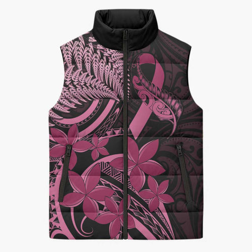 Aotearoa Maori Sleeveless Puffer Jacket Pink Fern Ribbons on Black - Aussie Hoodie