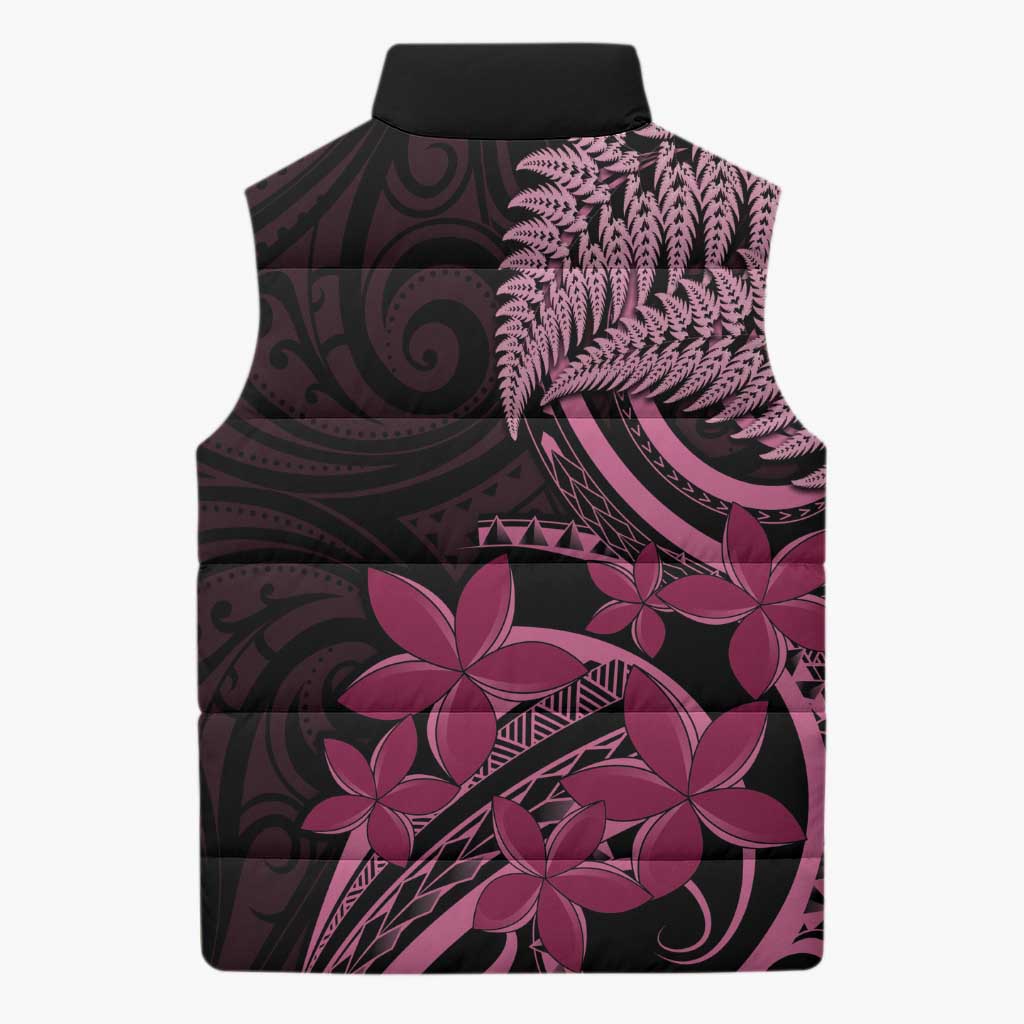 Aotearoa Maori Sleeveless Puffer Jacket Pink Fern Ribbons on Black - Aussie Hoodie