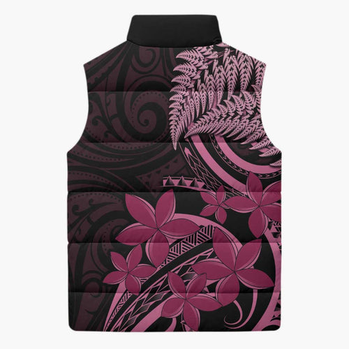 Aotearoa Maori Sleeveless Puffer Jacket Pink Fern Ribbons on Black - Aussie Hoodie