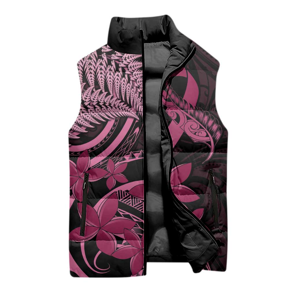 Aotearoa Maori Sleeveless Puffer Jacket Pink Fern Ribbons on Black - Aussie Hoodie