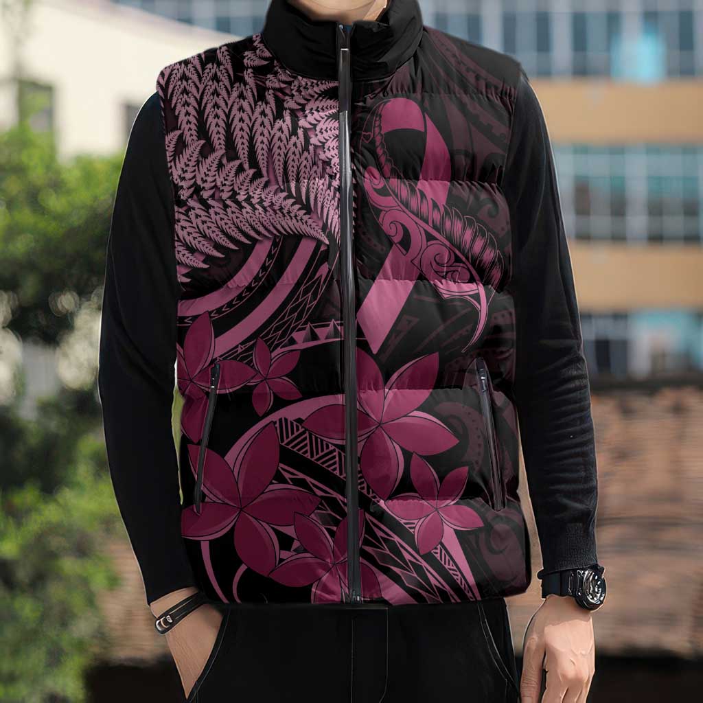 Aotearoa Maori Sleeveless Puffer Jacket Pink Fern Ribbons on Black - Aussie Hoodie