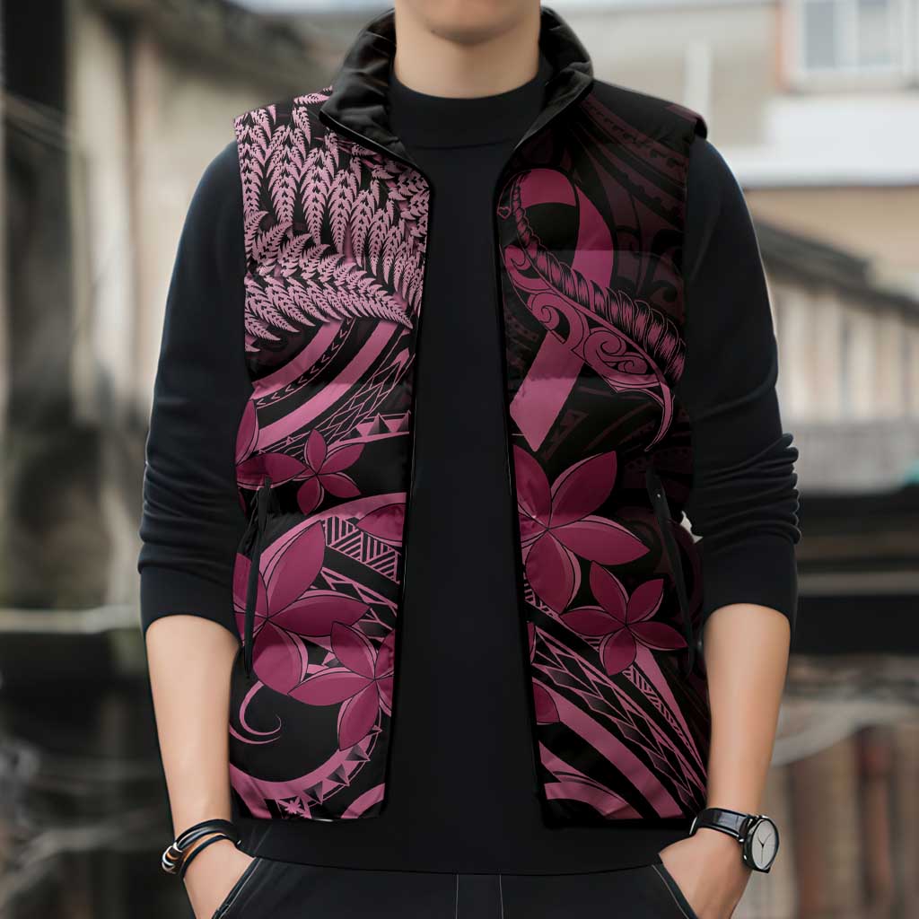 Aotearoa Maori Sleeveless Puffer Jacket Pink Fern Ribbons on Black - Aussie Hoodie