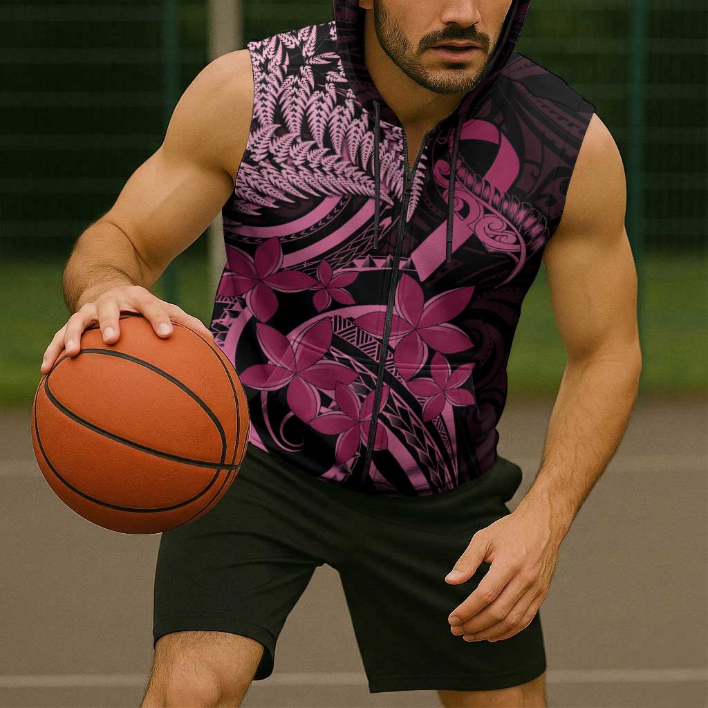 Aotearoa Maori Sleeveless Zip Hoodie Pink Fern Ribbons on Black LT7
