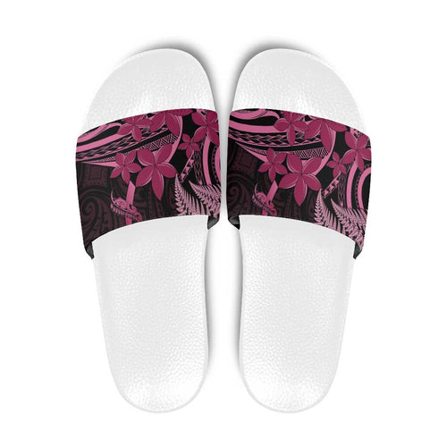 Aotearoa Maori Slide Sandals Pink Fern Ribbons on Black - Aussie Hoodie