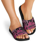 Aotearoa Maori Slide Sandals Pink Fern Ribbons on Black - Aussie Hoodie