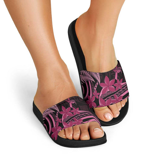 Aotearoa Maori Slide Sandals Pink Fern Ribbons on Black - Aussie Hoodie