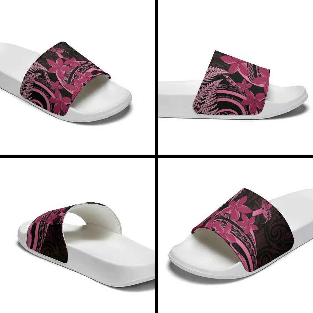 Aotearoa Maori Slide Sandals Pink Fern Ribbons on Black - Aussie Hoodie