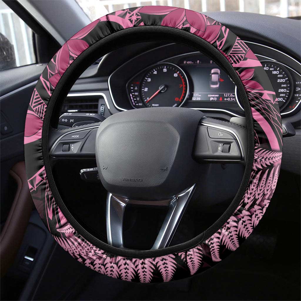 Aotearoa Maori Steering Wheel Cover Pink Fern Ribbons on Black - Aussie Hoodie
