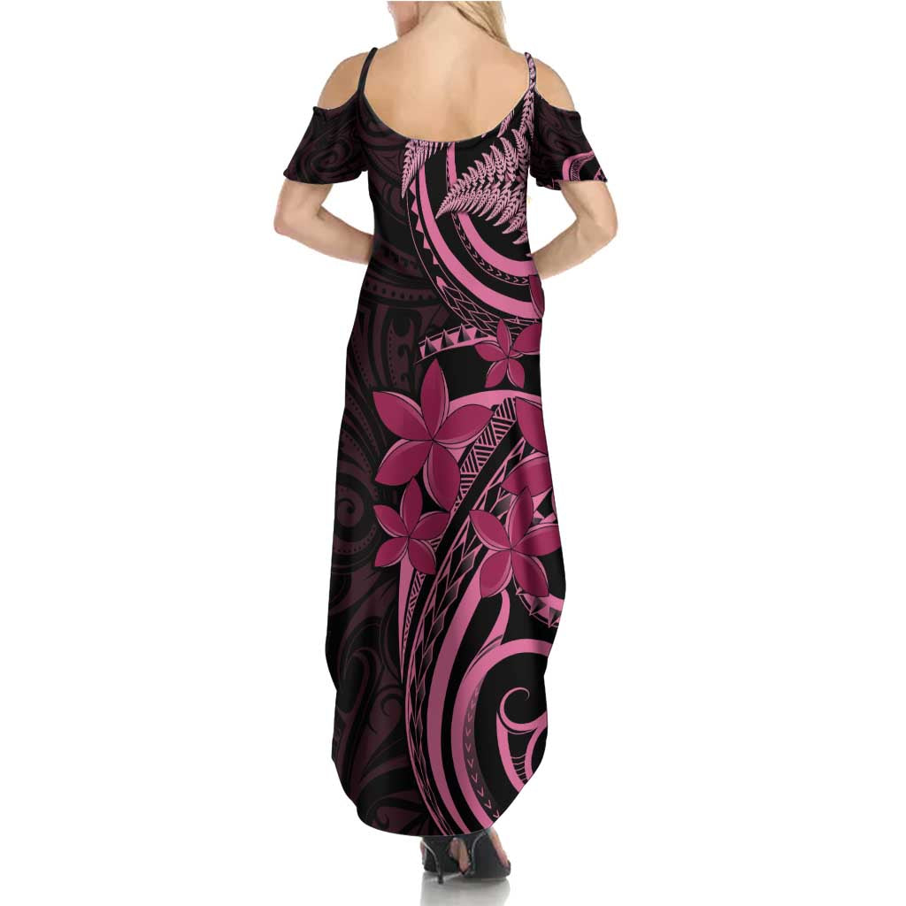 Aotearoa Maori Summer Maxi Dress Pink Fern Ribbons on Black - Aussie Hoodie