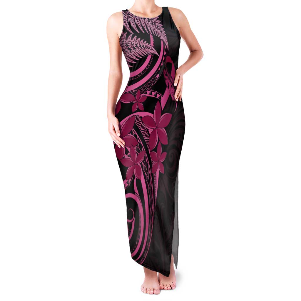 Aotearoa Maori Tank Maxi Dress Pink Fern Ribbons on Black - Aussie Hoodie