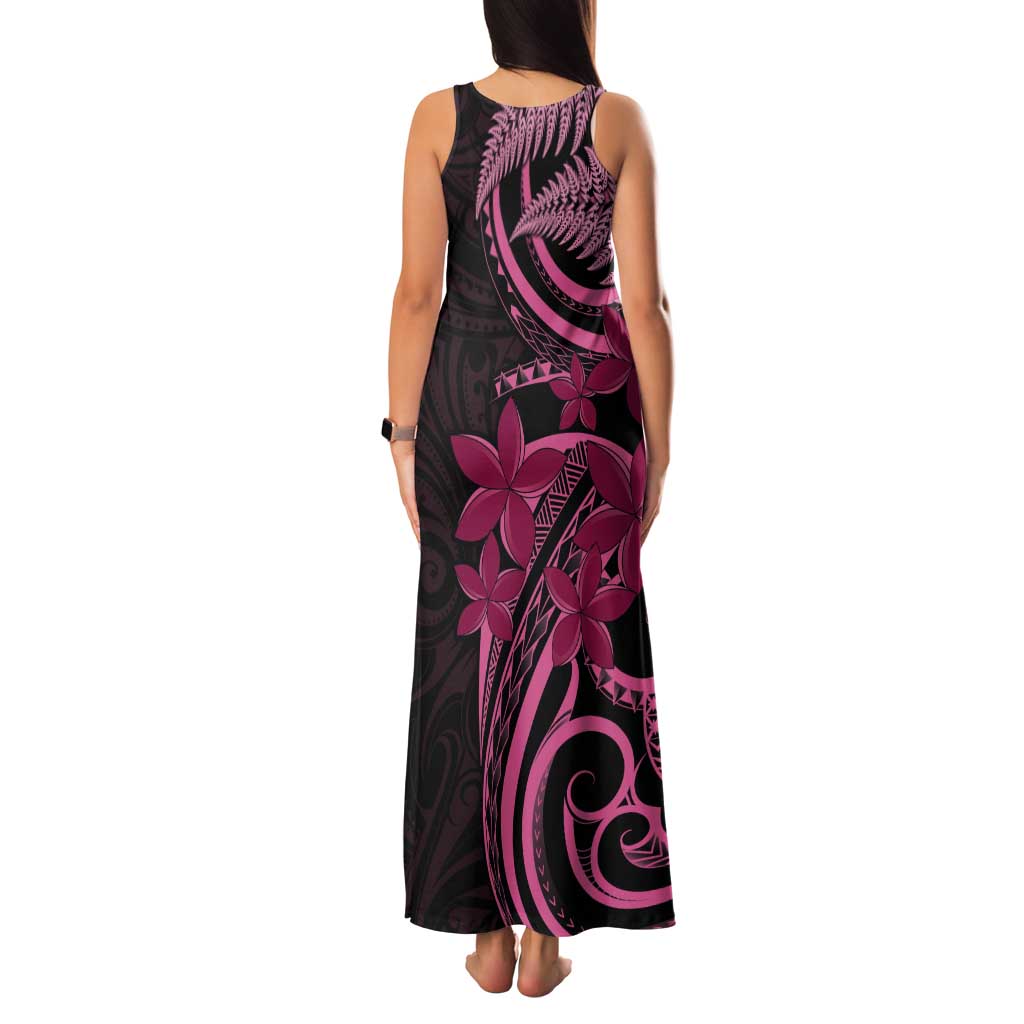 Aotearoa Maori Tank Maxi Dress Pink Fern Ribbons on Black - Aussie Hoodie