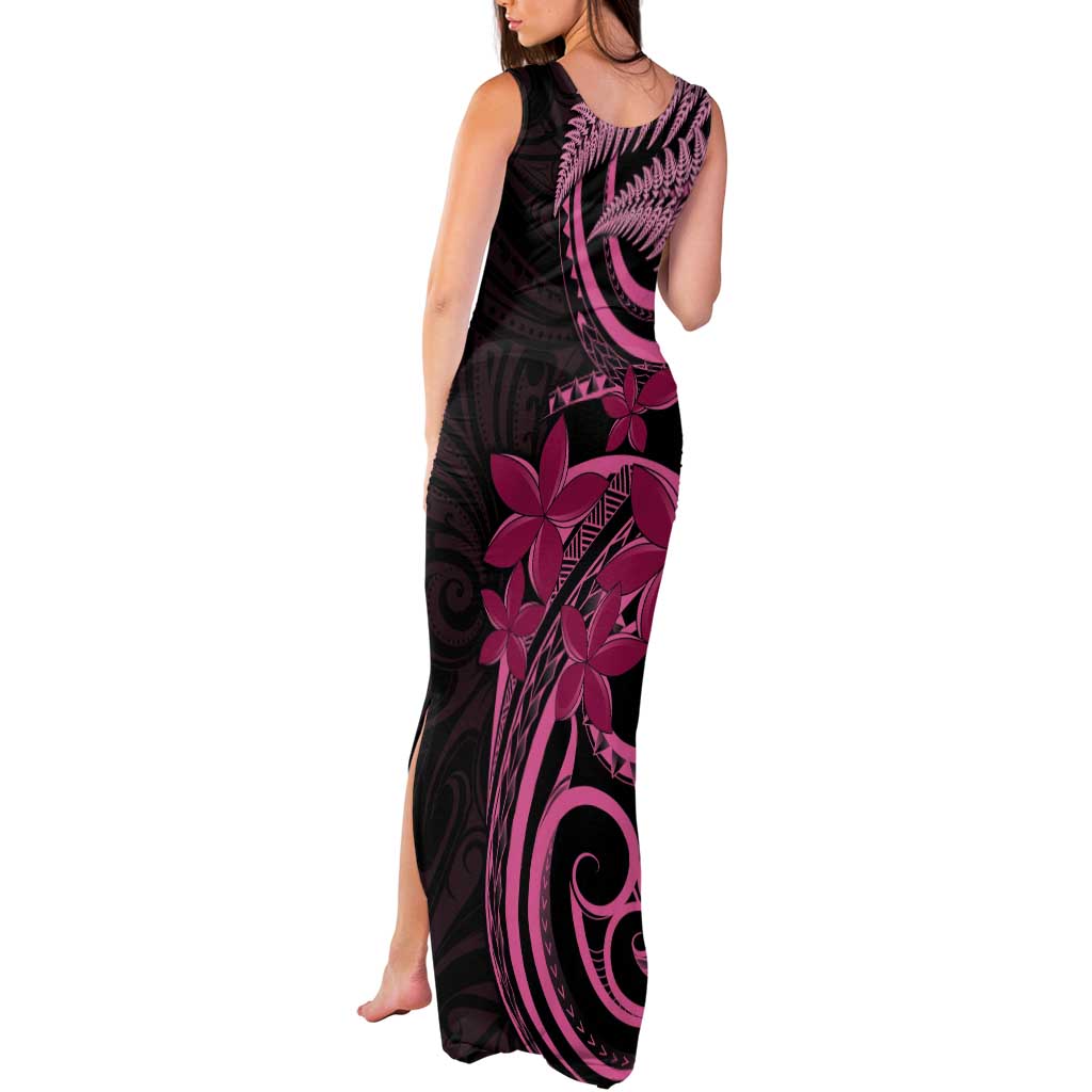 Aotearoa Maori Tank Maxi Dress Pink Fern Ribbons on Black - Aussie Hoodie