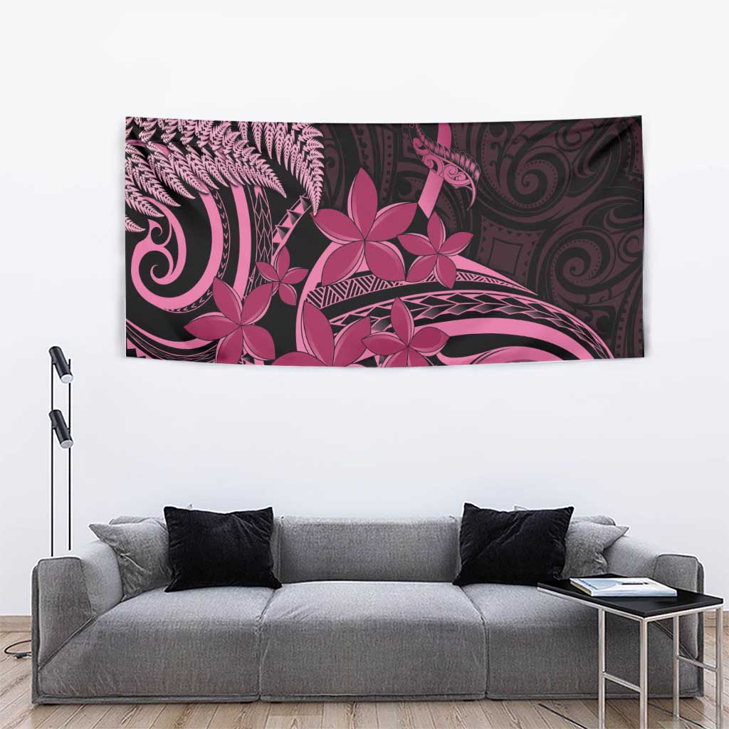Aotearoa Maori Tapestry Pink Fern Ribbons on Black - Aussie Hoodie