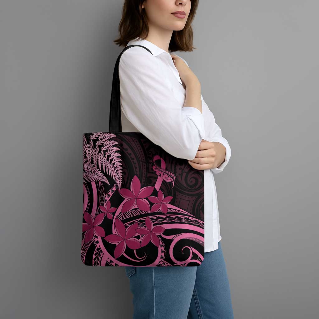 Aotearoa Maori Tote Bag Pink Fern Ribbons on Black - Aussie Hoodie