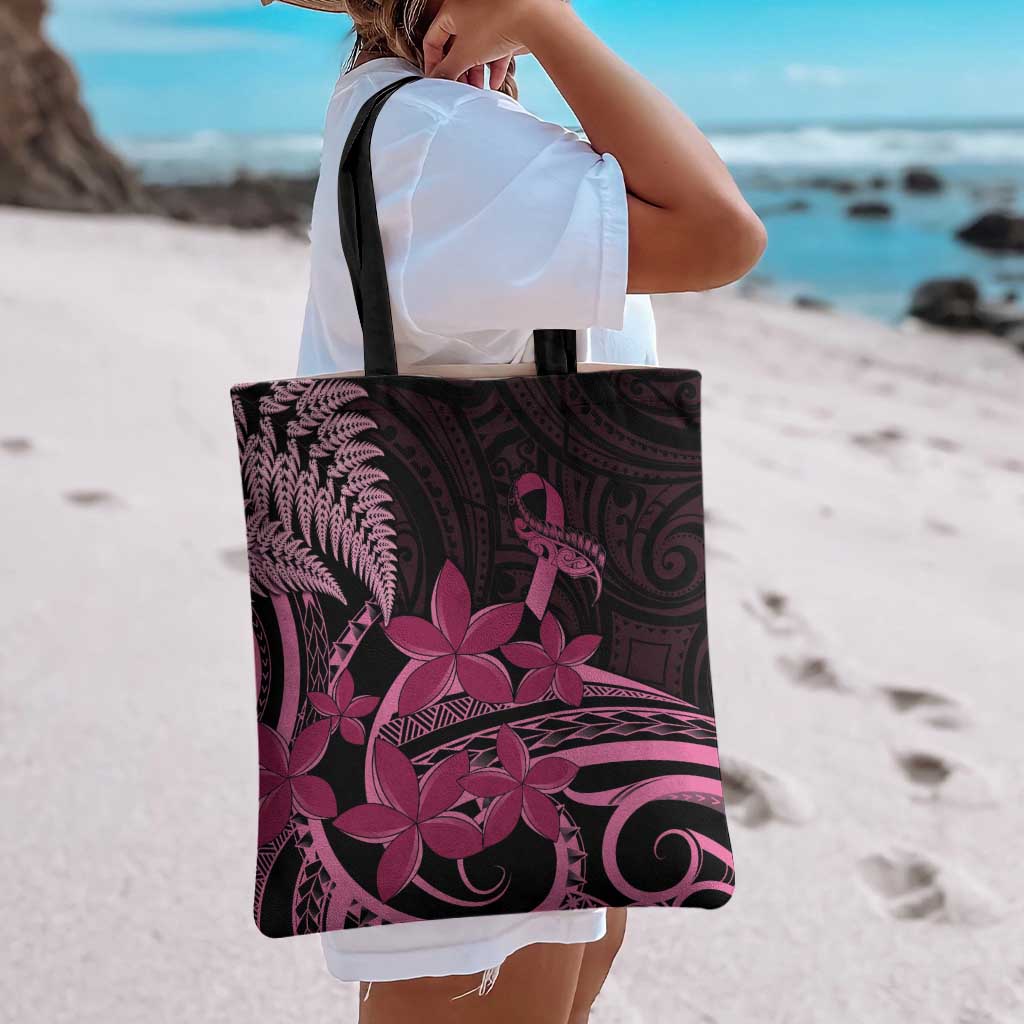 Aotearoa Maori Tote Bag Pink Fern Ribbons on Black - Aussie Hoodie