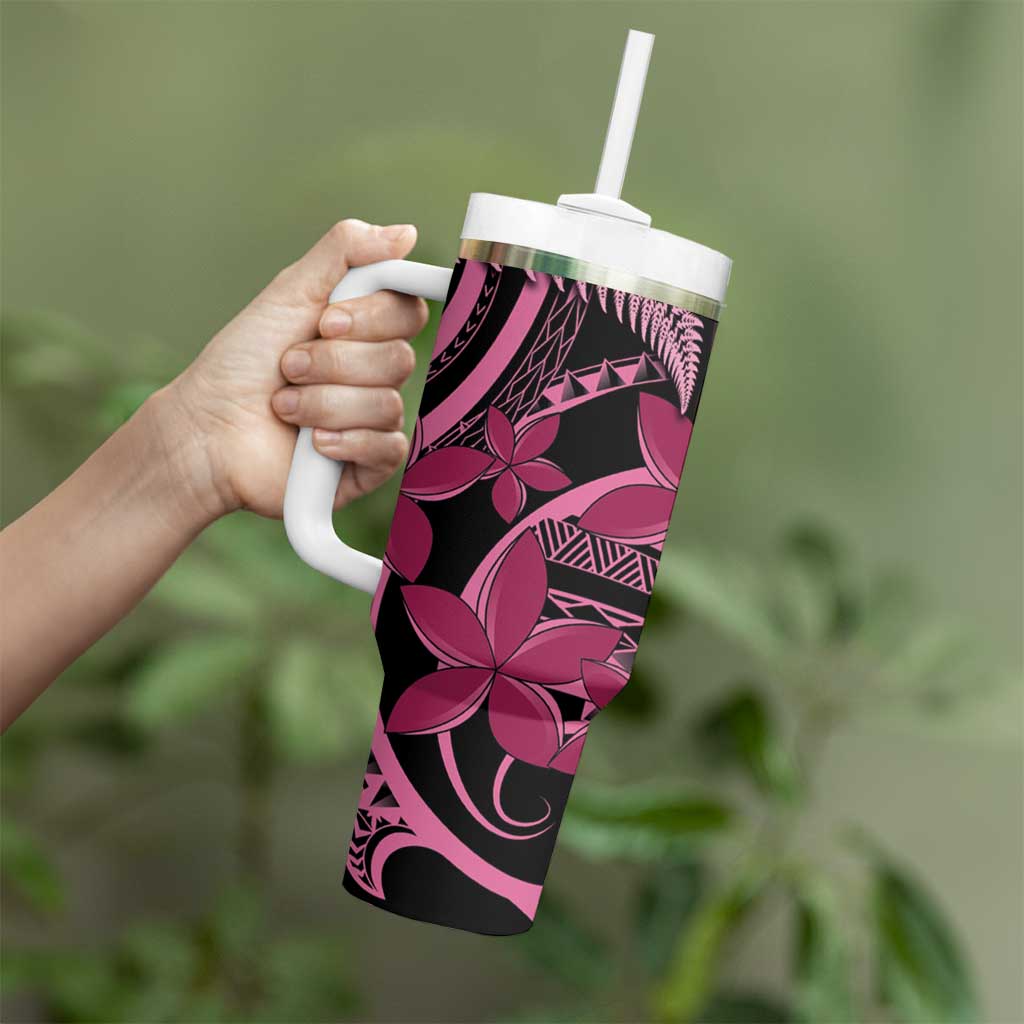 Aotearoa Maori Tumbler With Handle Pink Fern Ribbons on Black - Aussie Hoodie
