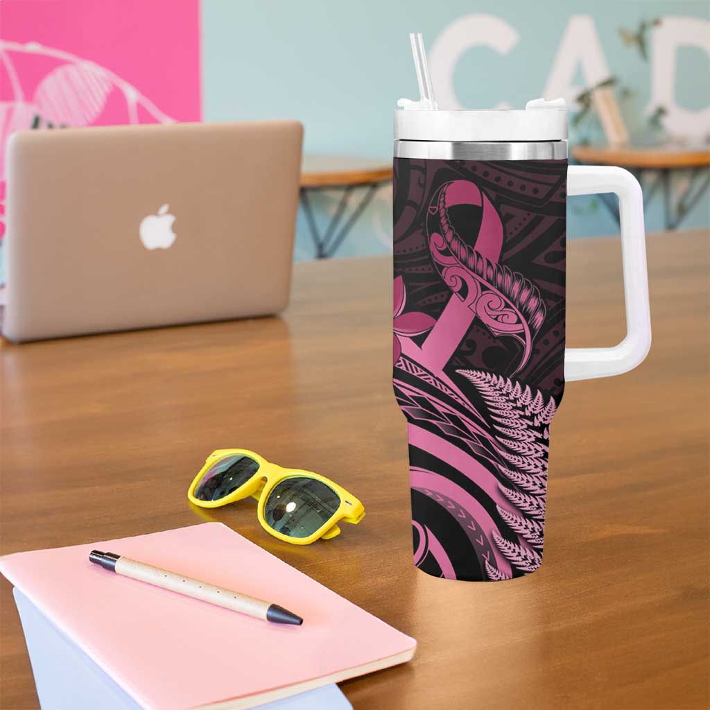 Aotearoa Maori Tumbler With Handle Pink Fern Ribbons on Black - Aussie Hoodie