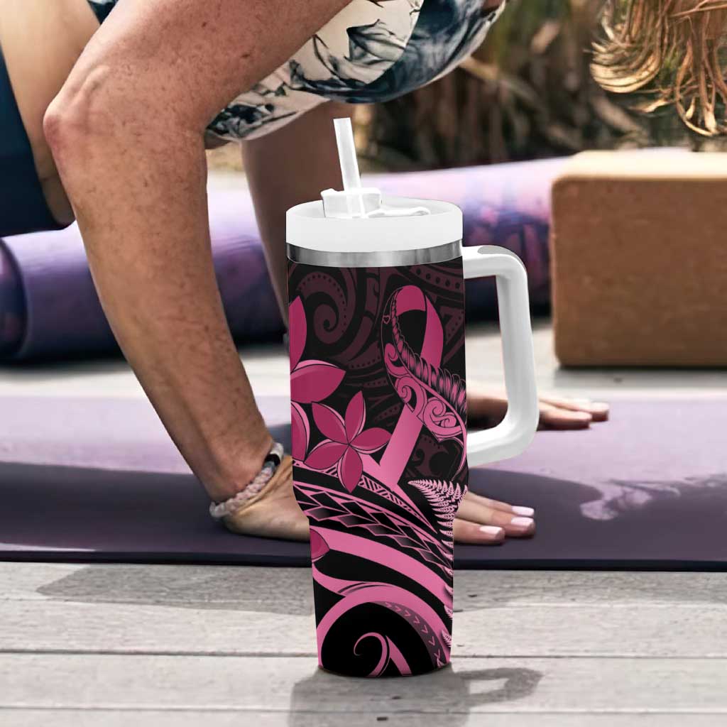 Aotearoa Maori Tumbler With Handle Pink Fern Ribbons on Black - Aussie Hoodie