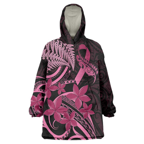 Aotearoa Maori Wearable Blanket Hoodie Pink Fern Ribbons on Black - Aussie Hoodie