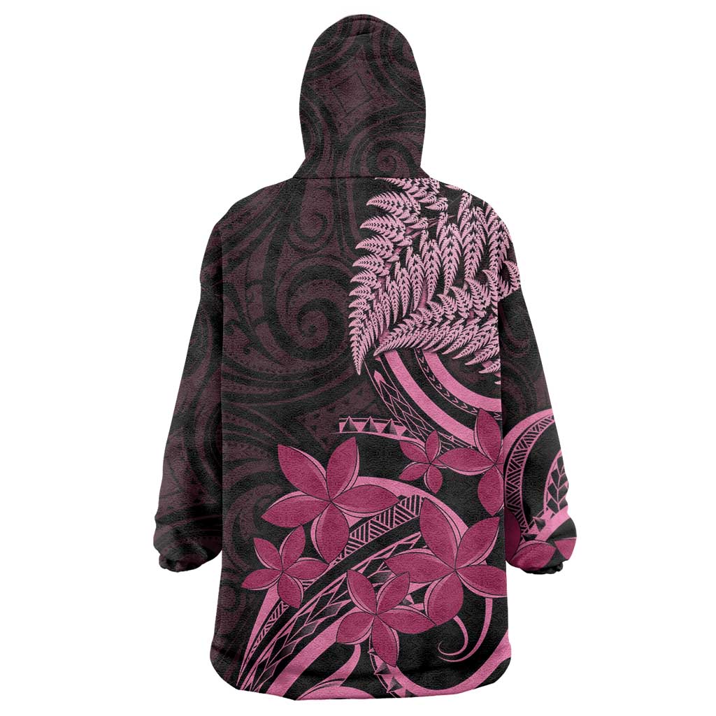 Aotearoa Maori Wearable Blanket Hoodie Pink Fern Ribbons on Black - Aussie Hoodie