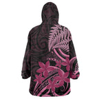 Aotearoa Maori Wearable Blanket Hoodie Pink Fern Ribbons on Black - Aussie Hoodie
