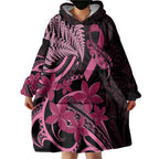 Aotearoa Maori Wearable Blanket Hoodie Pink Fern Ribbons on Black - Aussie Hoodie