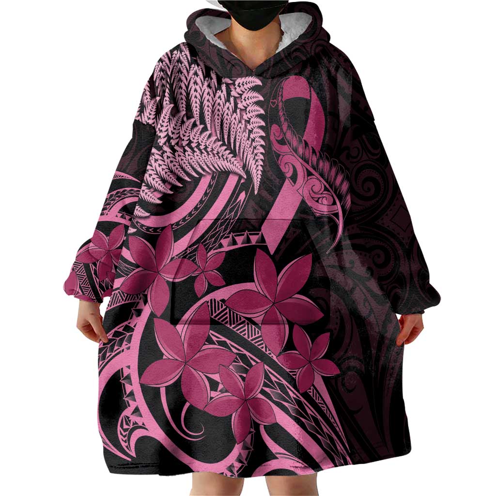 Aotearoa Maori Wearable Blanket Hoodie Pink Fern Ribbons on Black - Aussie Hoodie