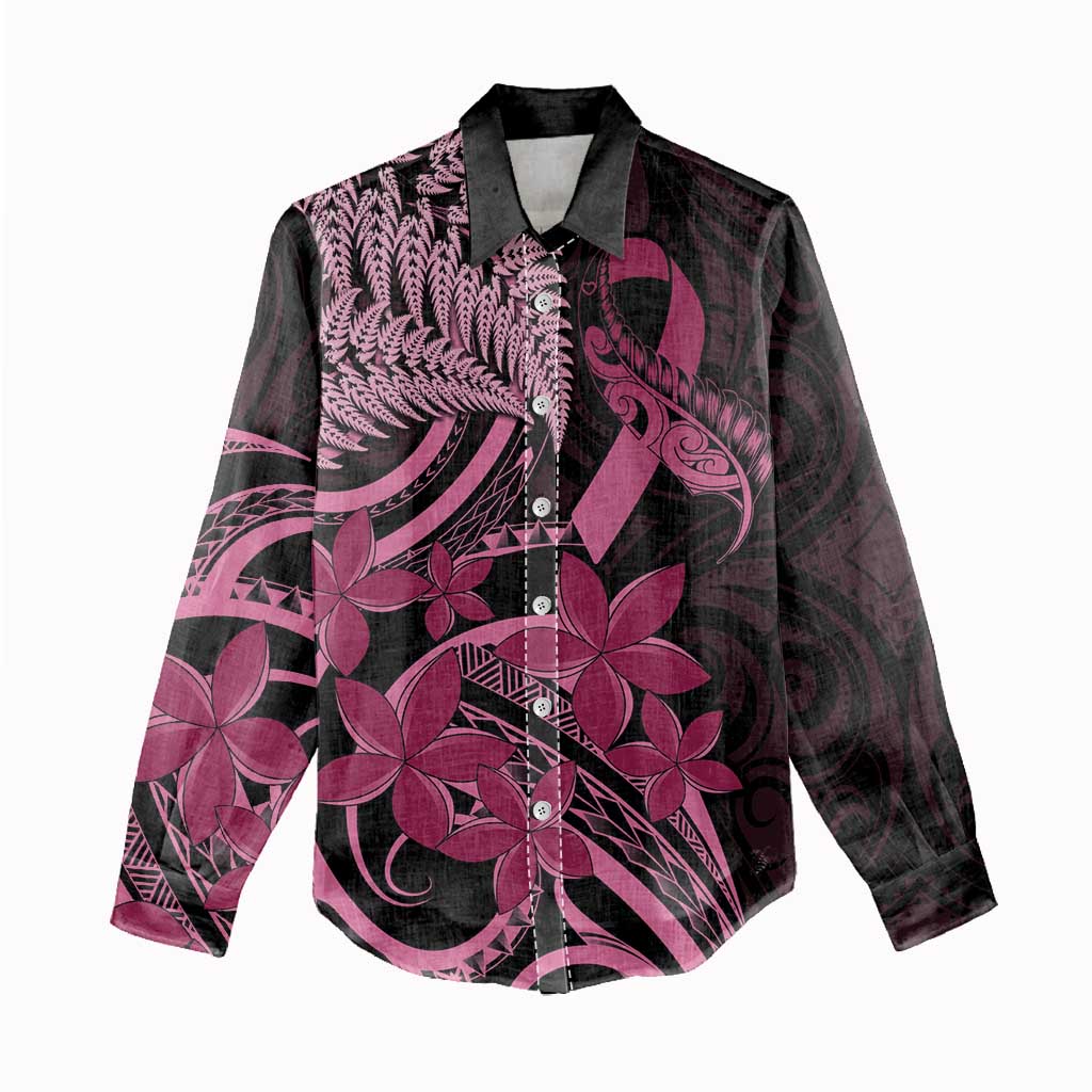 Aotearoa Maori Women Casual Shirt Pink Fern Ribbons on Black - Aussie Hoodie
