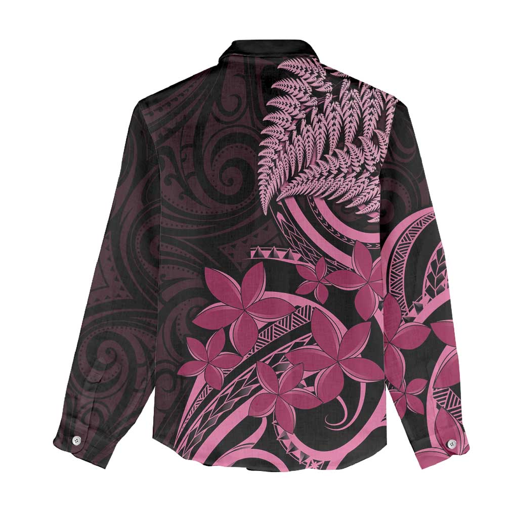 Aotearoa Maori Women Casual Shirt Pink Fern Ribbons on Black - Aussie Hoodie