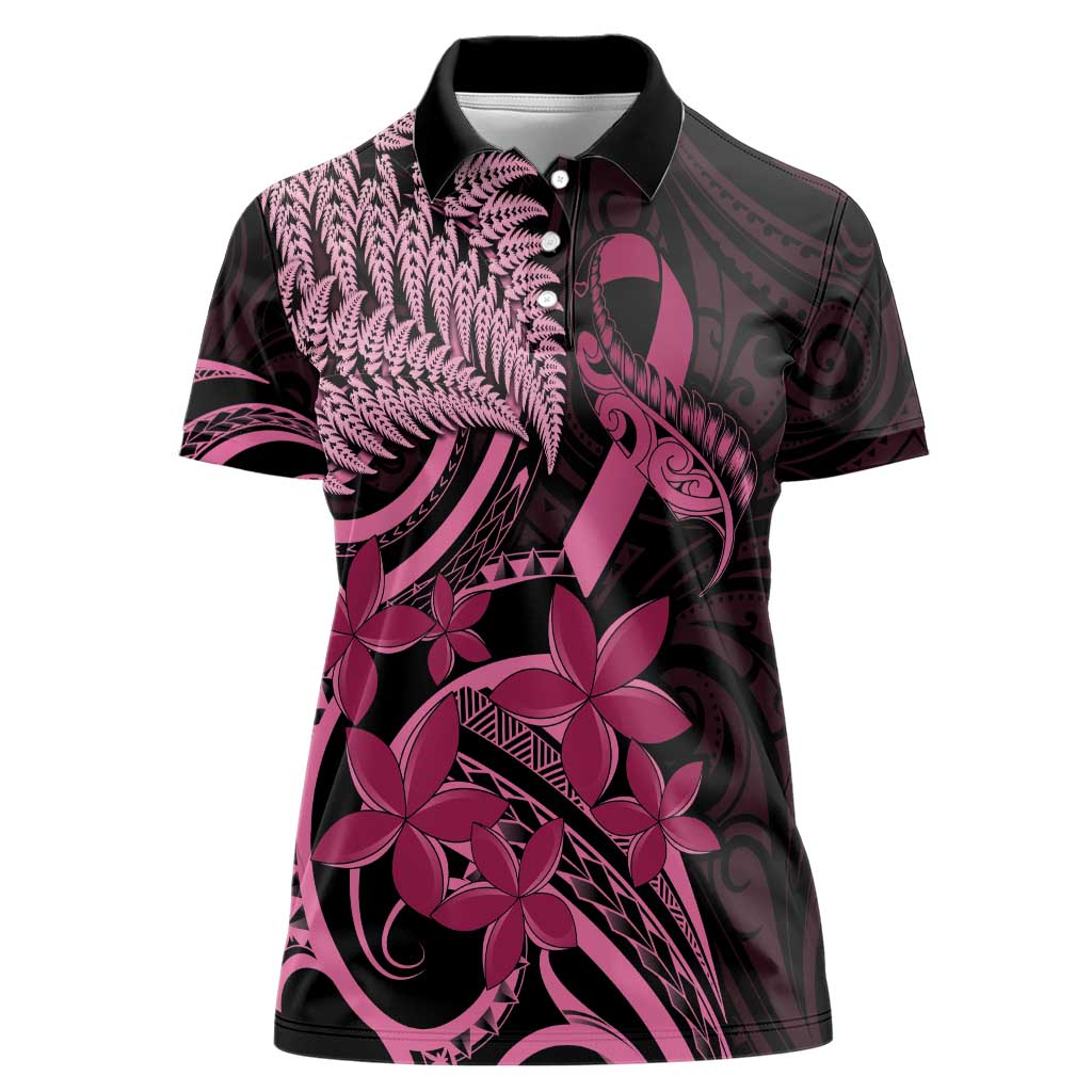 Aotearoa Maori Women Polo Shirt Pink Fern Ribbons on Black - Aussie Hoodie